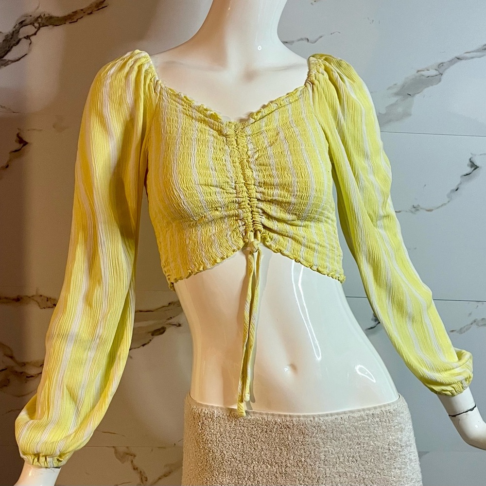 NOBO Yellow & White Striped Tie-Front Crop Top Ruched Long Sleeve Size L